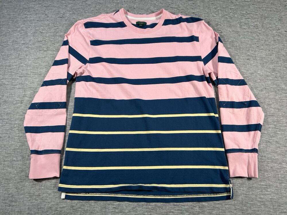 J Crew Oarsman Shirt Mens Large Pink Blue Stripes Long Sleeve Crewneck Cotton